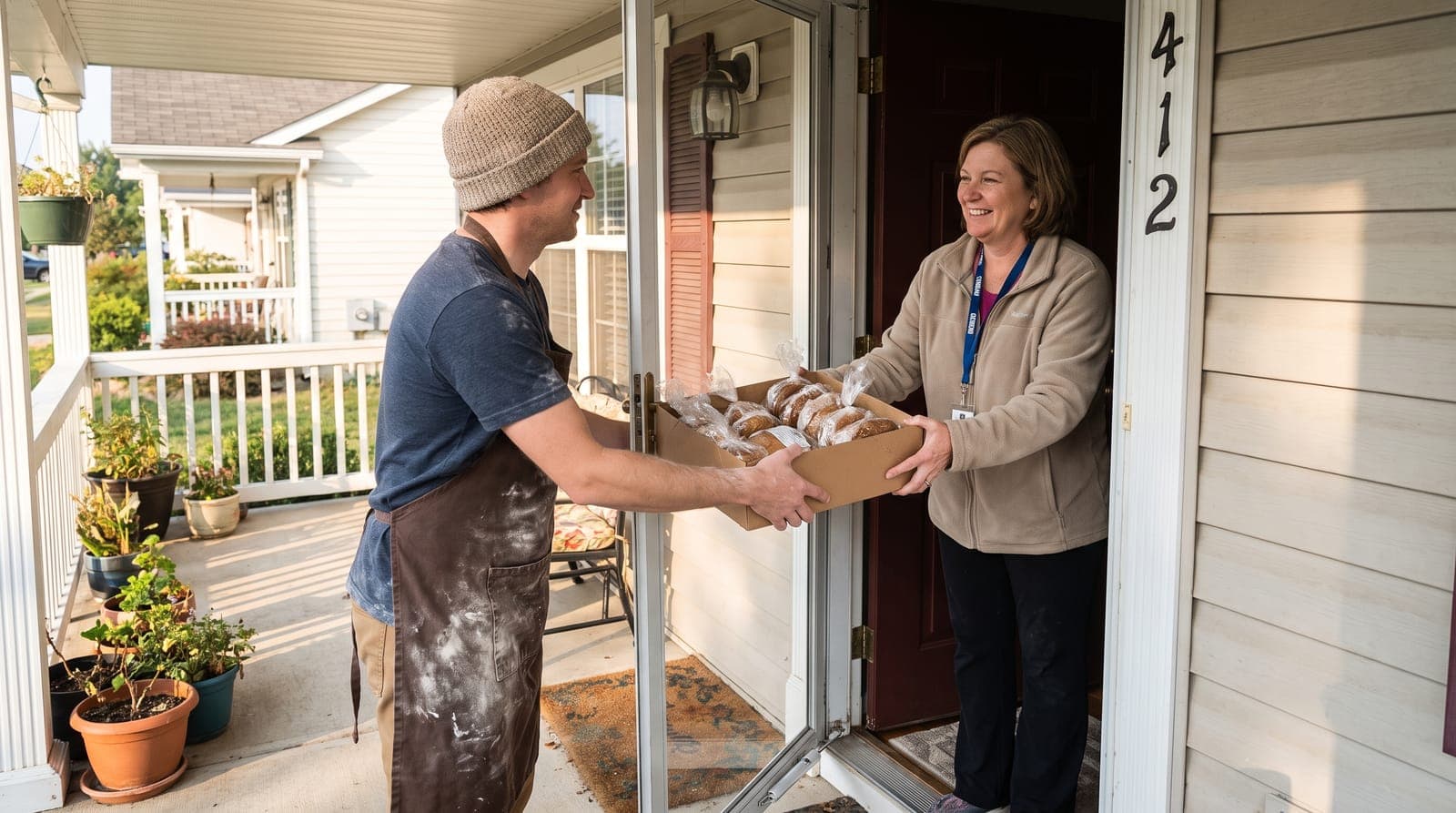 A local baker handing a box of bread to a caregiver at a front door