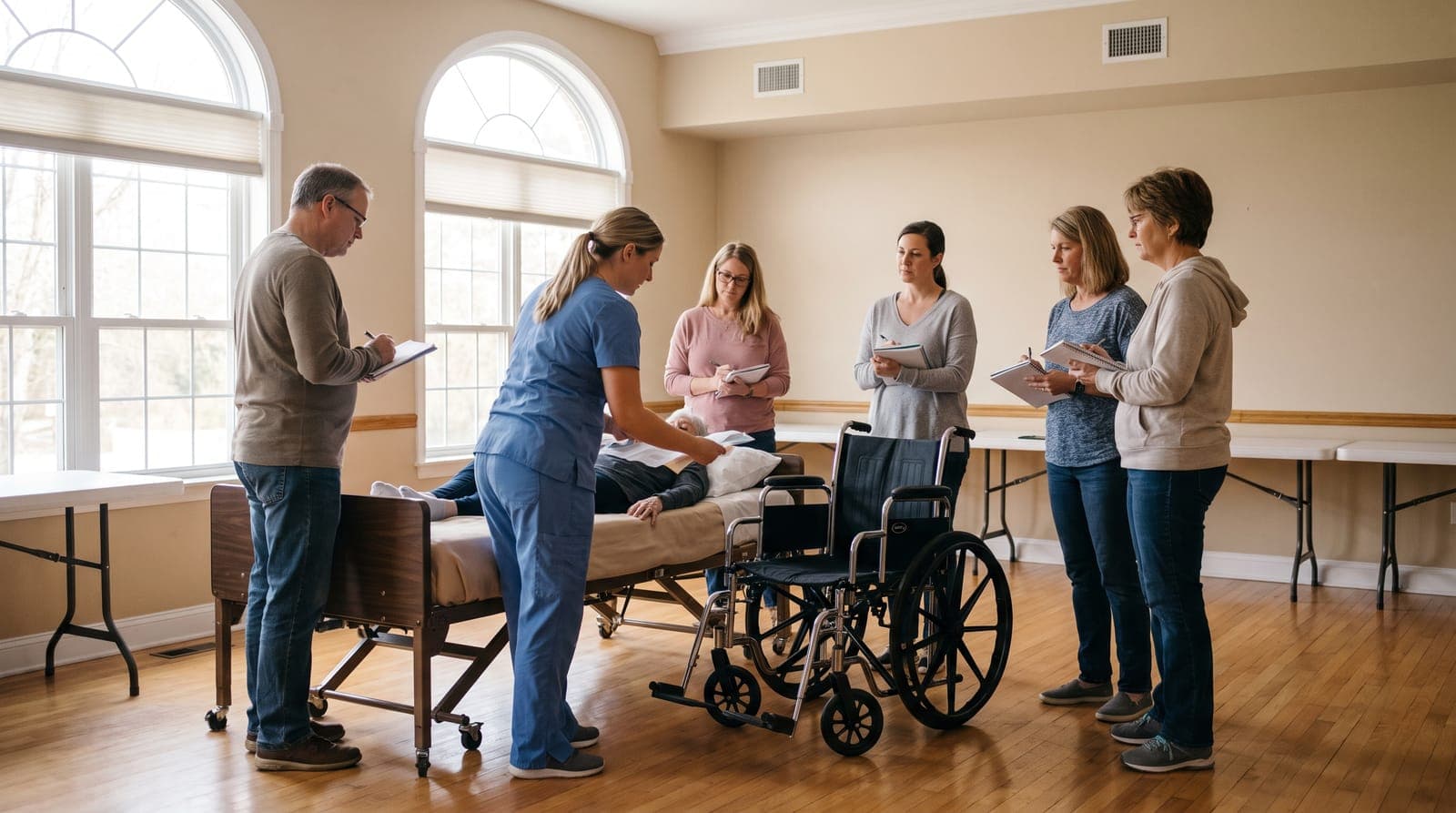 A small training class practising safe transfers with a demonstration bed