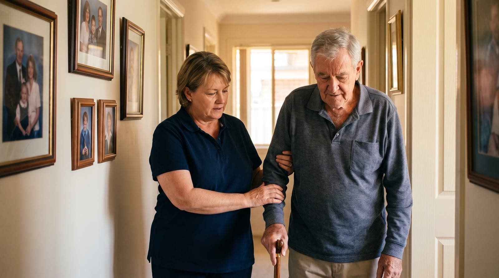 A caregiver steadying an older man as he walks through his hallway