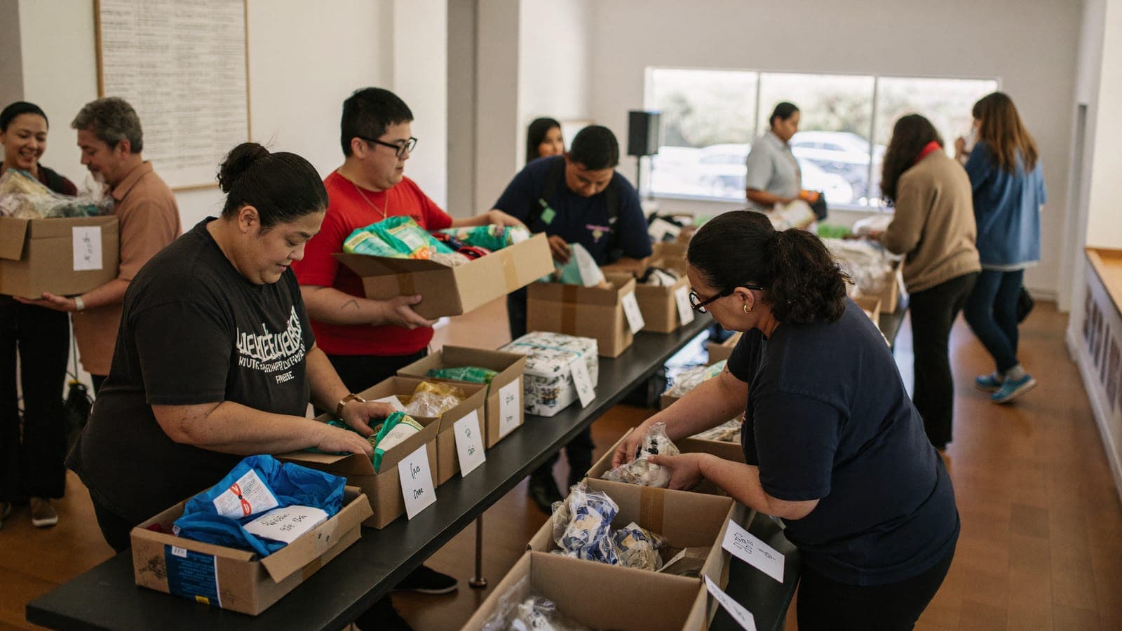 Volunteers unpacking care packages in a church hall