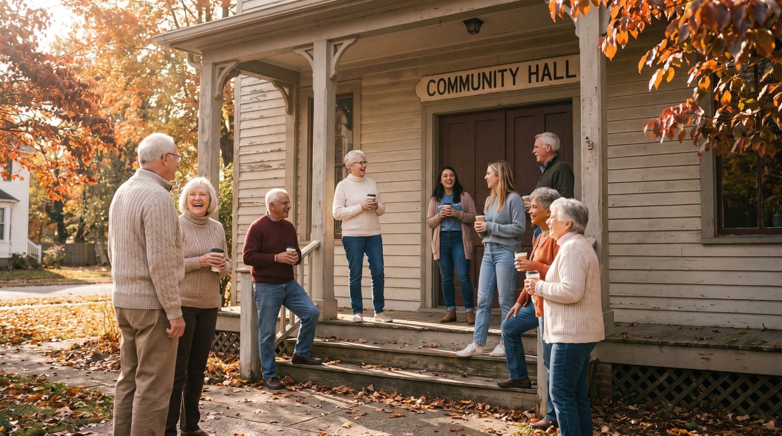 Neighbours and caregivers gathered on a sunny community-hall porch