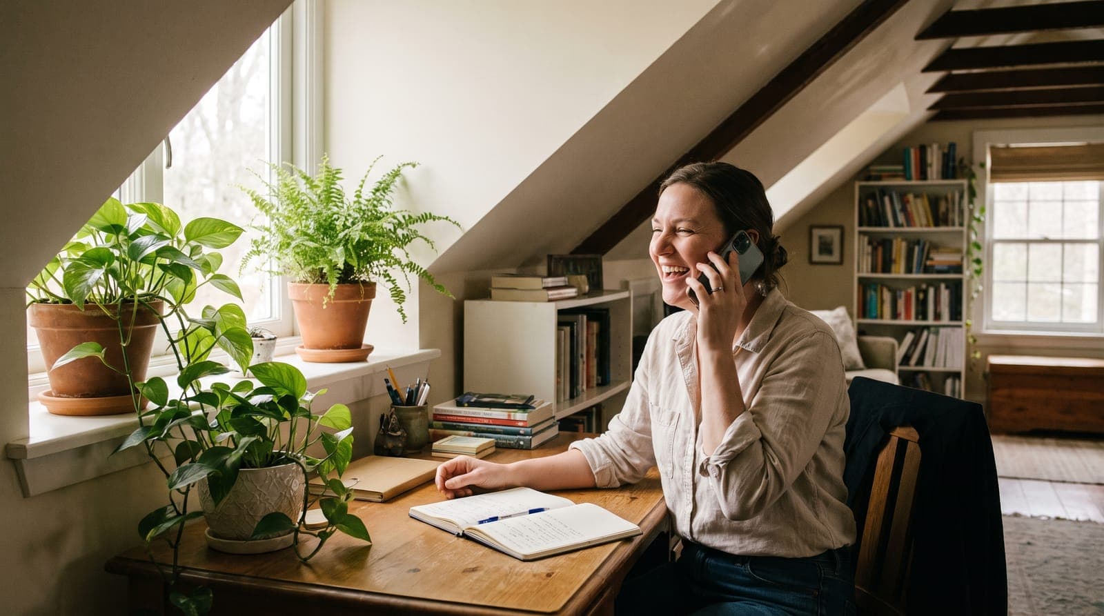 A care coordinator on the phone at a bright desk with a notebook open
