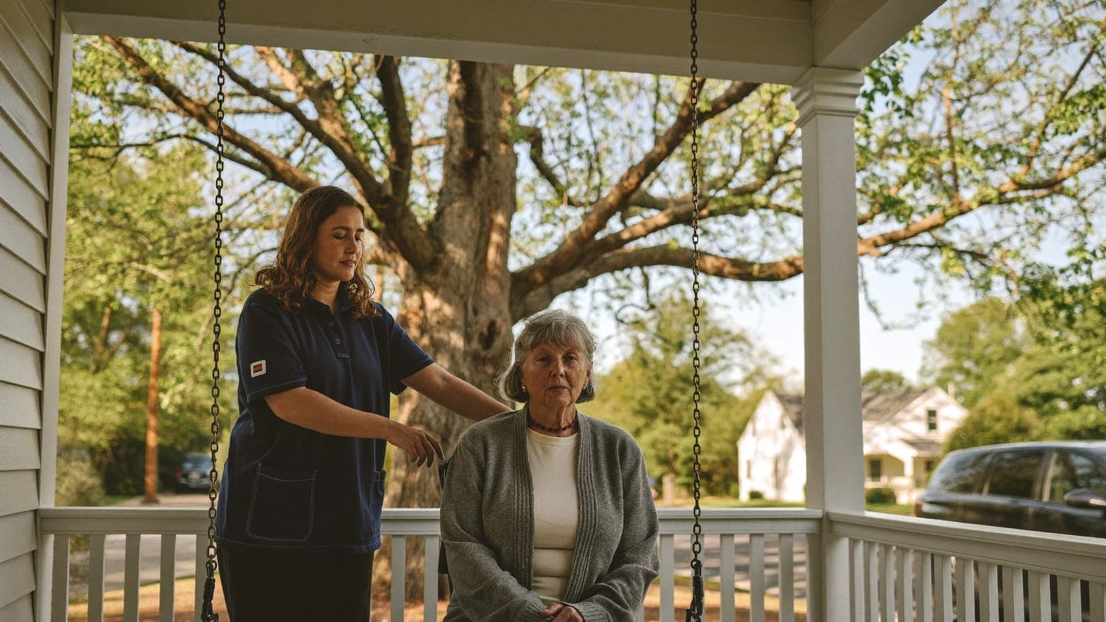A caregiver and an older woman on a porch swing at golden hour